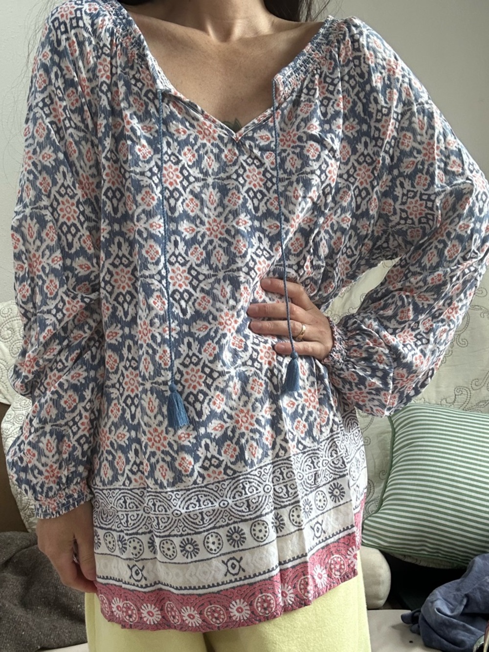 Bohemian Printed Peasant Blouse in Blue & Pink